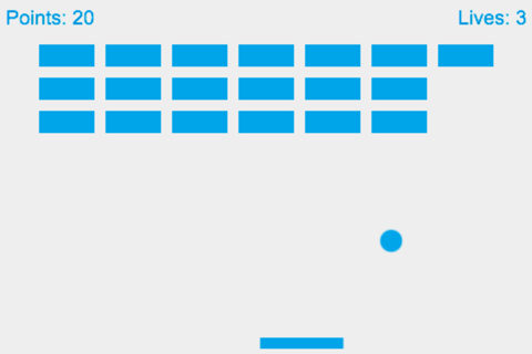 Gameplay-Bildschirm des Spiels MDN Breakout, das mit Phaser erstellt wurde. Sie können Ihren Schläger verwenden, um den Ball abzuprallen und das Ziegelfeld zu zerstören, während Sie die Punkte und Leben behalten.