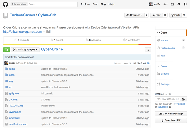 Screenshot des GitHub-Repositories mit dem Cyber Orb Spielcode, der die Ordner und Dateien in der Hauptstruktur auflistet.