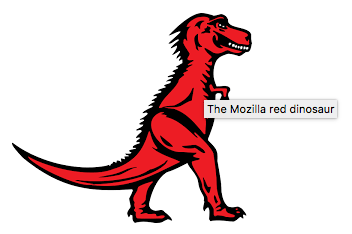 Screenshot eines roten Tyrannosaurus Rex mit dem Text "Der Mozilla rote Dinosaurier", der als Tooltip bei Mouseover angezeigt wird.