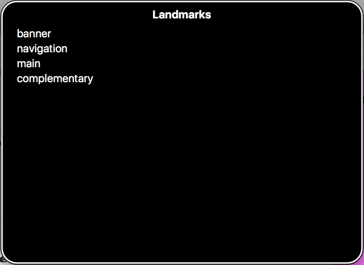 VoiceOver-Menü von Mac für schnelle Barrierefreiheit. Landmarks-Kopfzeile und Landmarkenliste einschließlich Banner, Navigation, Hauptteil und Ergänzend.