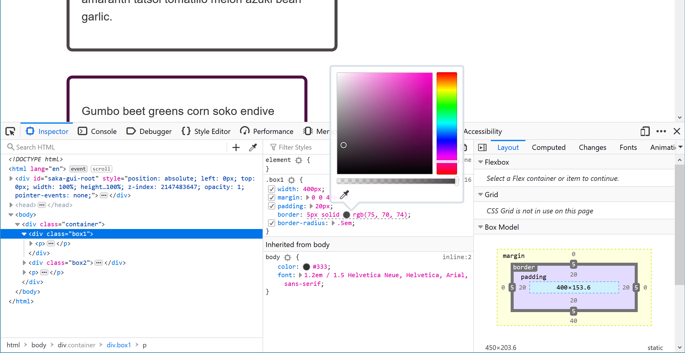 DevTools Styles Panel mit einem geöffneten Farbwähler.