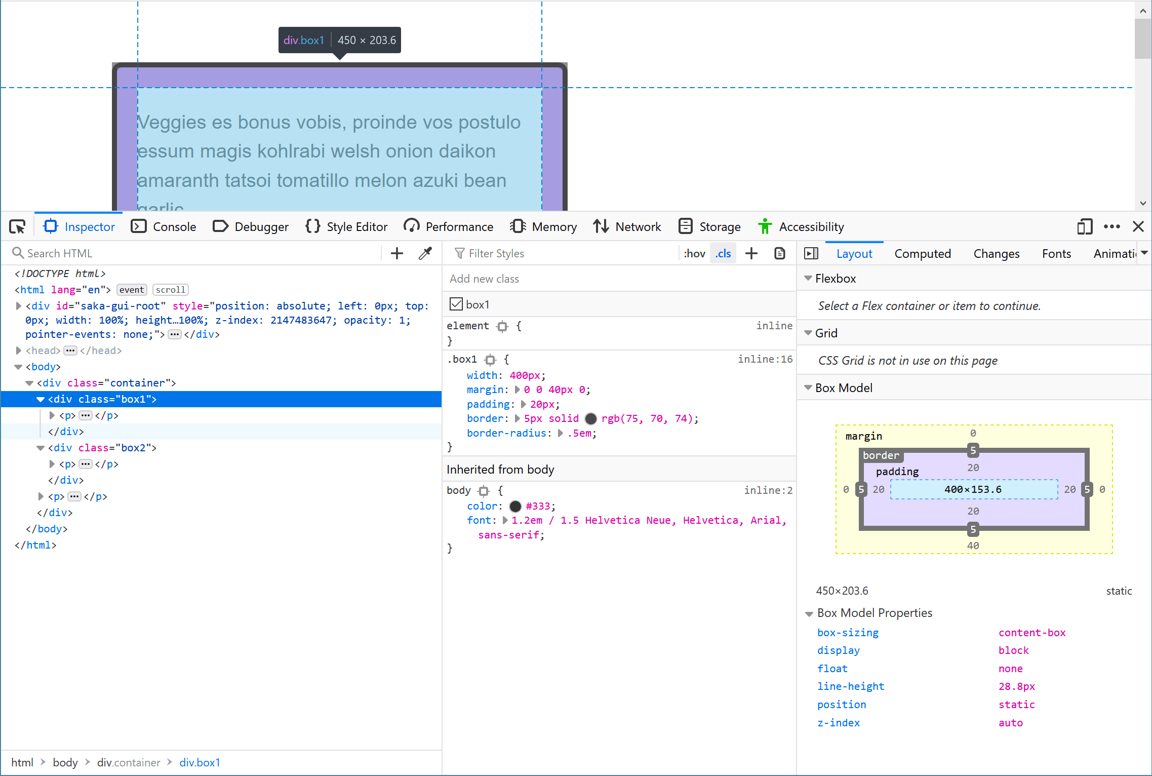 Der Layout-Bereich der DevTools