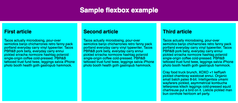 Ein zweireihiger Container, der eine Einzelspalte in der ersten Reihe und ein 3-Spalten-Layout in der zweiten Reihe enthält, zeigt, wie eine Webseite in verschiedene Layouts unterteilt werden kann, abhängig von den Inhalten