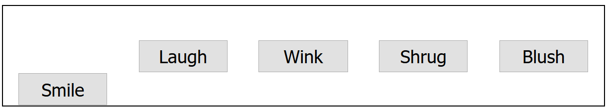 Fünf Schaltflächen sind in einer Reihe in einem Flex-Container angeordnet. Alle Flex-Elemente außer dem ersten sind in der Mitte der Querachse oder vertikal zentriert. Das erste Element liegt eng am unteren Rand des Flex-Containers, am Ende der Querachse. Die Flex-Elemente sind gleichmäßig entlang der Haupt-Achse oder Breite des Containers verteilt.