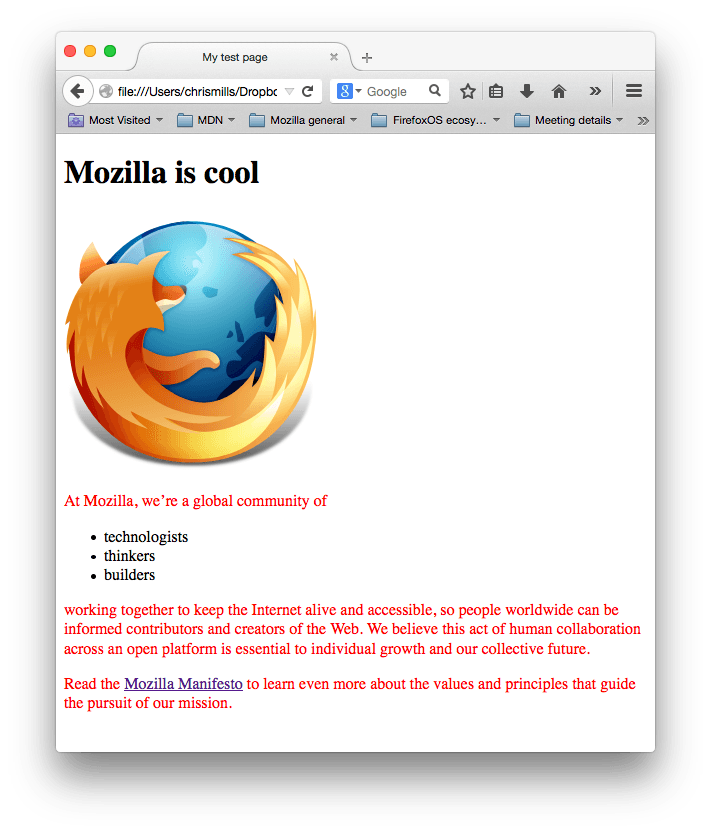 Ein Mozilla-Logo und einige Absätze. Der Absatztext wurde von unserem CSS rot gestaltet.