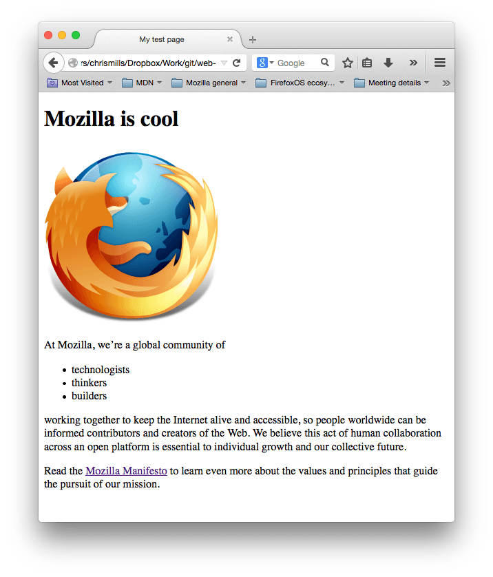 Ein Screenshot einer Webseite, die ein Firefox-Logo zeigt, eine Überschrift mit der Aufschrift "Mozilla is cool" und zwei Absätze mit Fülltext