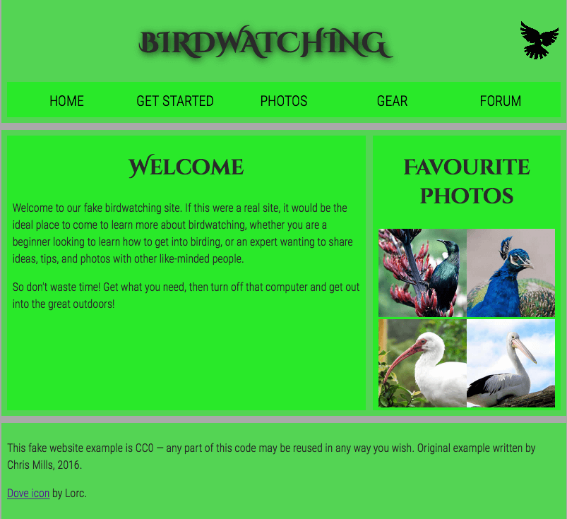 Das fertige Beispiel für die Bewertung; eine einfache Webseite über Vogelbeobachtung, einschließlich einer Überschrift mit "Birdwatching", Vogelbildern und einer Begrüßungsnachricht