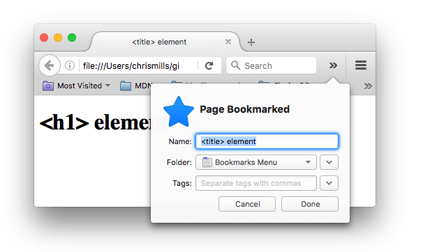 Eine Webseite wird in Firefox als Lesezeichen gesetzt. Der Lesezeichenname wurde automatisch mit dem Inhalt des 'title'-Elements gefüllt.