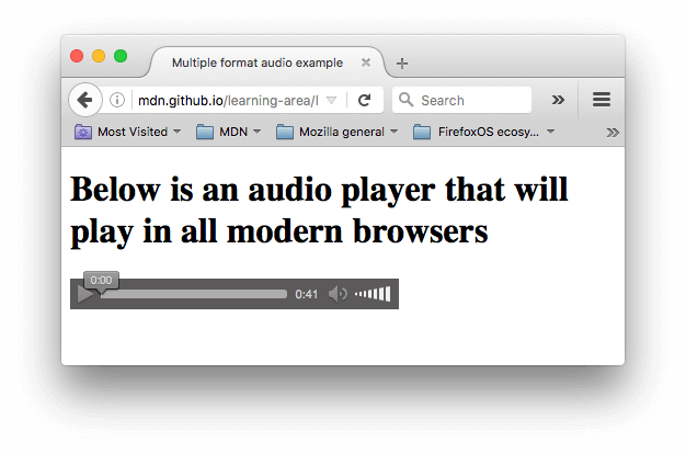 Ein einfacher Audioplayer mit einem Play-Button, Timer, Lautstärkeregler und Fortschrittsbalken