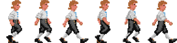 Ein Spritesheet mit sechs Spritebildern eines pixelisierten Charakters, die eine gehende Person von ihrer rechten Seite in unterschiedlichen Momenten eines einzelnen Schritts nach vorne darstellen. Der Charakter hat ein weißes Hemd mit himmelblauen Knöpfen, schwarze Hosen und schwarze Schuhe. Jeder Sprite ist 102 Pixel breit und 148 Pixel hoch.