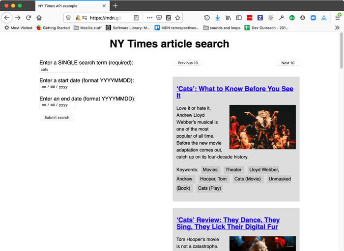 Ein Screenshot einer Beispielsuche und Suchergebnisse, wie sie von der New York Times Article Search API abgerufen wurden.