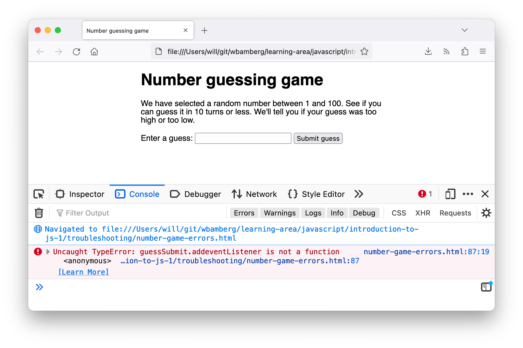 "Ratespiel" Demoseite in Firefox. Ein Fehler ist in der JavaScript-Konsole sichtbar: "X TypeError: guessSubmit.addeventListener ist keine Funktion [Mehr erfahren] (number-game-errors.html:87:19)".