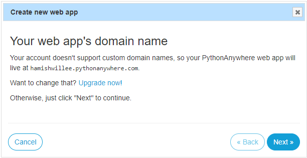 PythonAnywhere-Aufforderung zur Festlegung des Domainnamens für neue Web-App