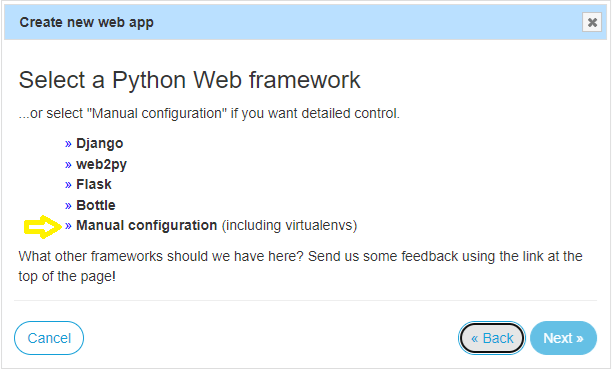 PythonAnywhere-Aufforderung zur Auswahl des verwendeten Webframeworks für die Anwendung