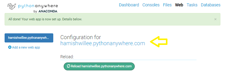 PythonAnywhere Bildschirm im Web mit hervorgehobener Schaltfläche zum Öffnen der Site