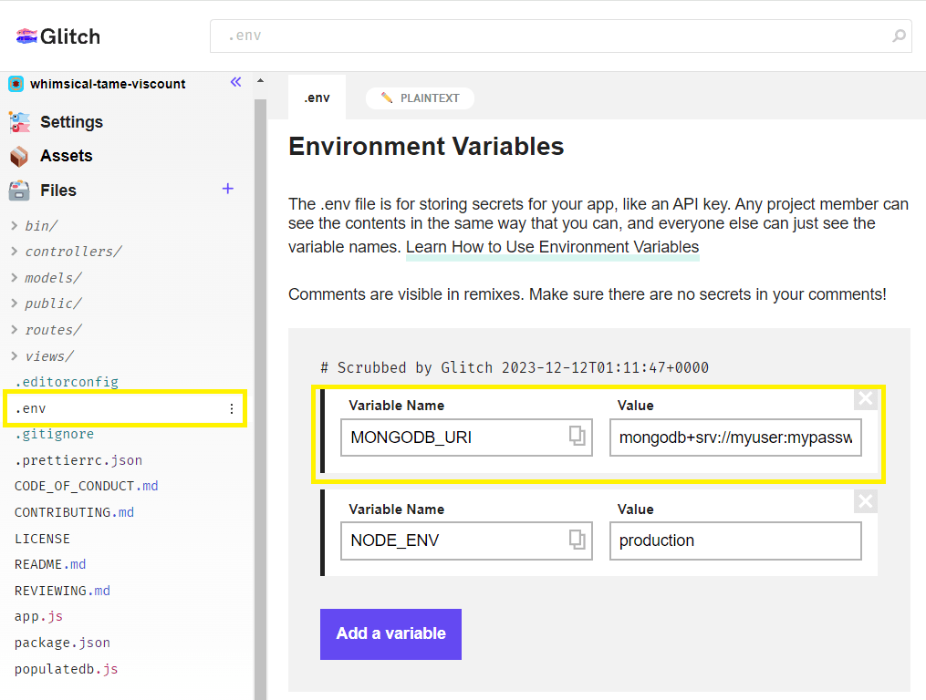 Glitch .env-Dateieditor für private Daten mit Produktionsvariablen