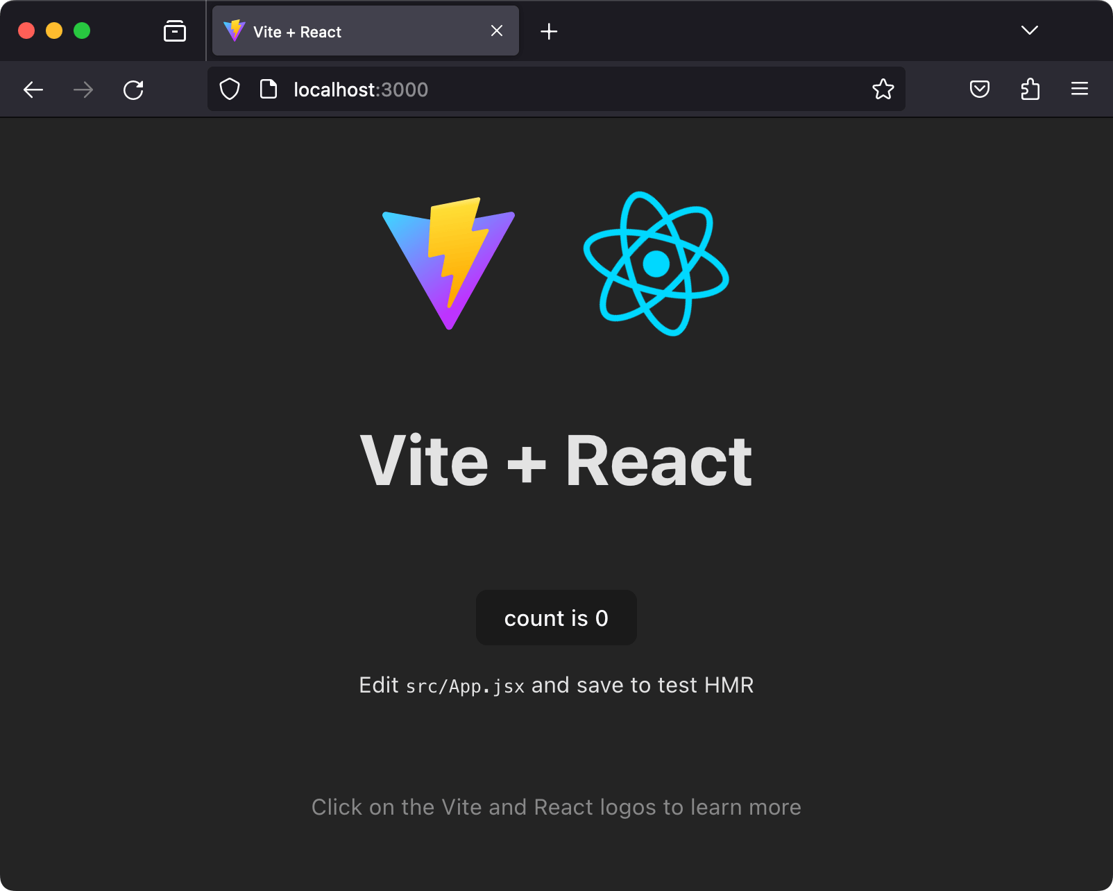 Screenshot von Firefox MacOS geöffnet zu localhost:3000, zeigt eine aus Vites React-Vorlage erstellte Anwendung