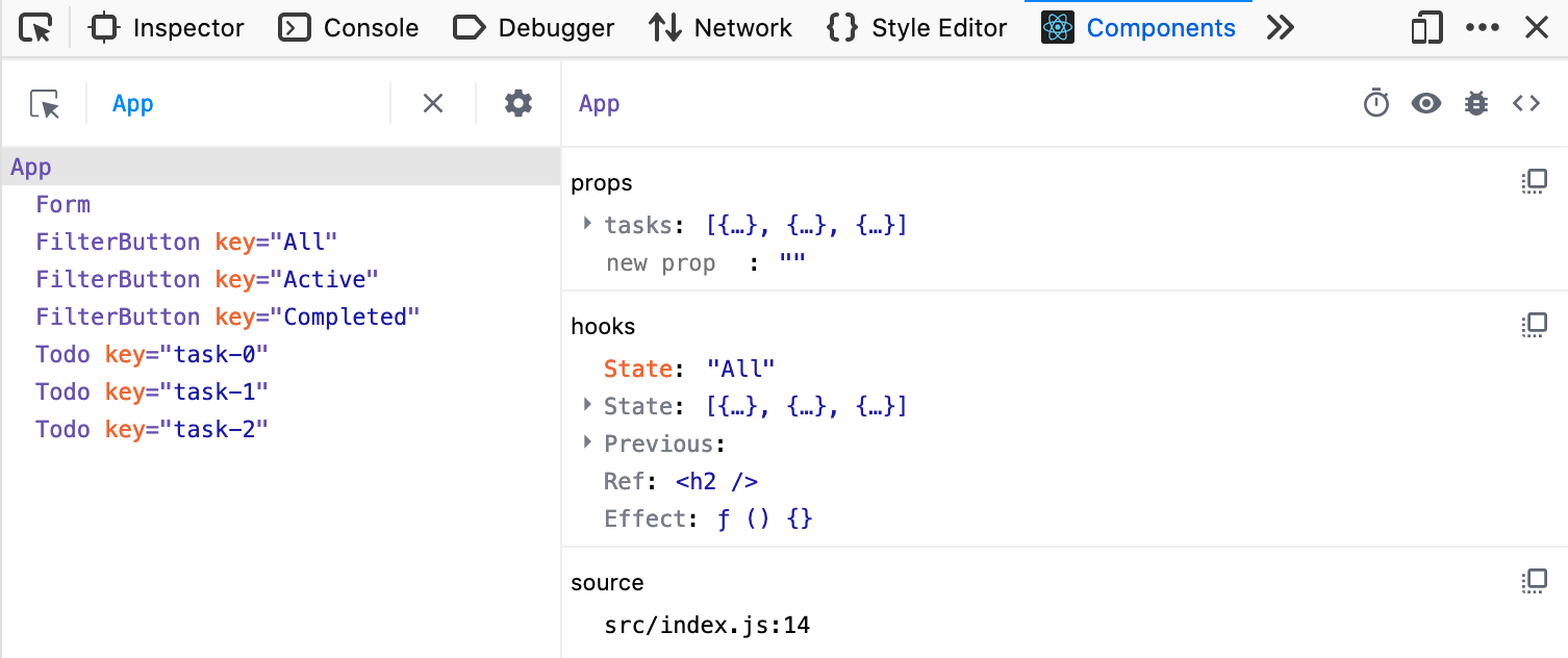 Unser Projekt wird in den React DevTools angezeigt