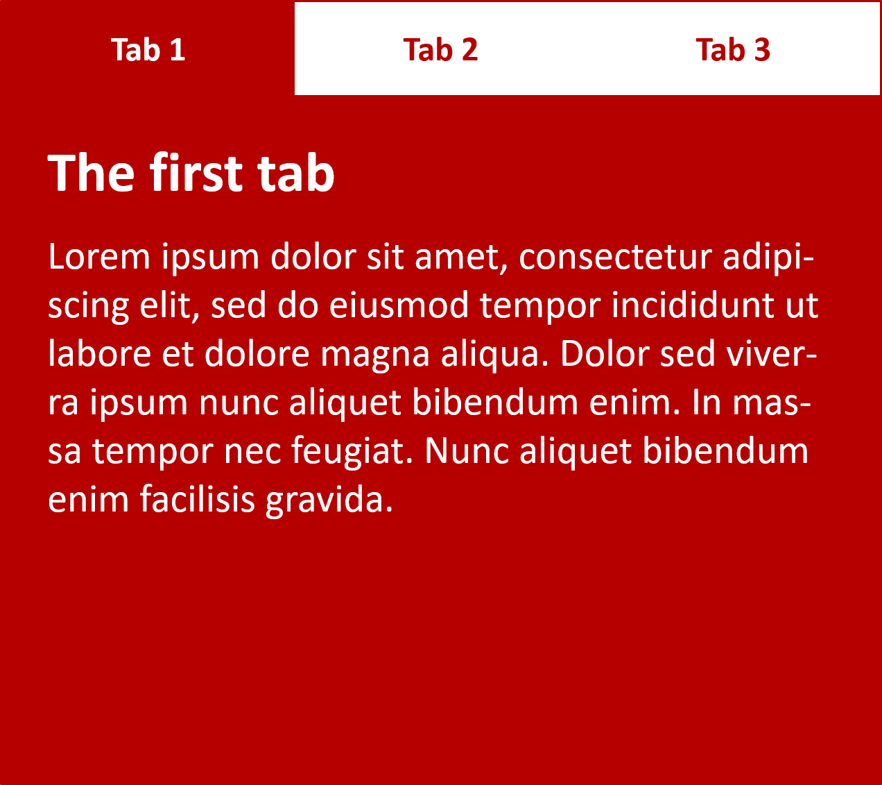 Ein Screenshot, der ein Beispiel für barrierefreies Verstecken und Anzeigen von Inhalten in Tabs zeigt. Das Beispiel hat drei Tabs, nämlich Tab 1, Tab 2 und Tab 3. Tab 1 ist derzeit fokussiert und aktiviert, um den Inhalt anzuzeigen.