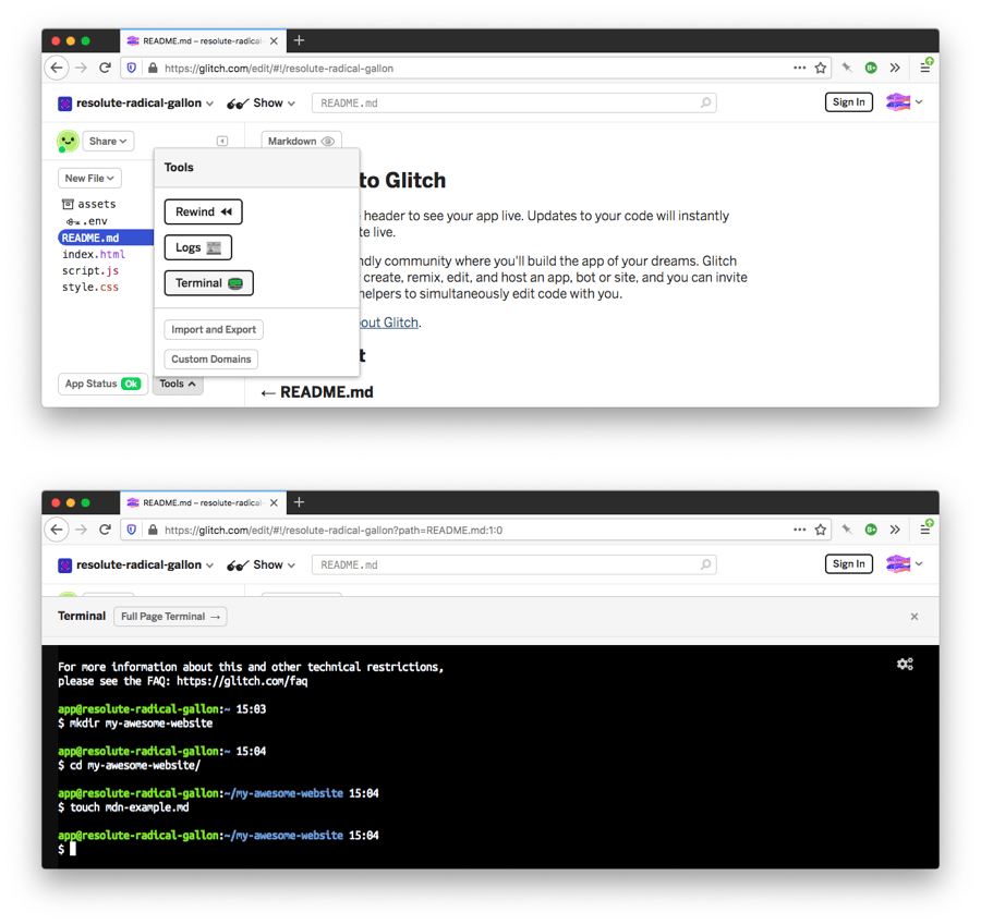 ein doppelter Screenshot, der die glitch.com-Startseite und den glitch-Terminal-Emulator zeigt