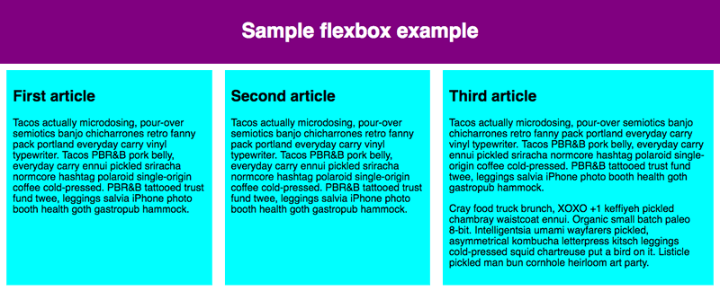 Ein Flex-Container mit drei Flex-Items. Das dritte Flex-Item ist etwas größer als die ersten beiden.