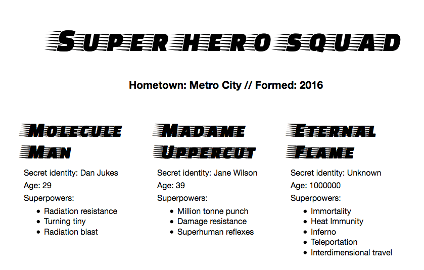 Bild eines Dokuments mit dem Titel "Super hero squad" (in einer schicken Schriftart) und dem Untertitel "Hometown: Metro City // Formed: 2016". Drei Spalten unter der Überschrift sind mit "Molecule Man", "Madame Uppercut" und "Eternal Flame" betitelt. Jede Spalte listet den geheimen Identitätsnamen, das Alter und die Superkräfte des Helden auf.