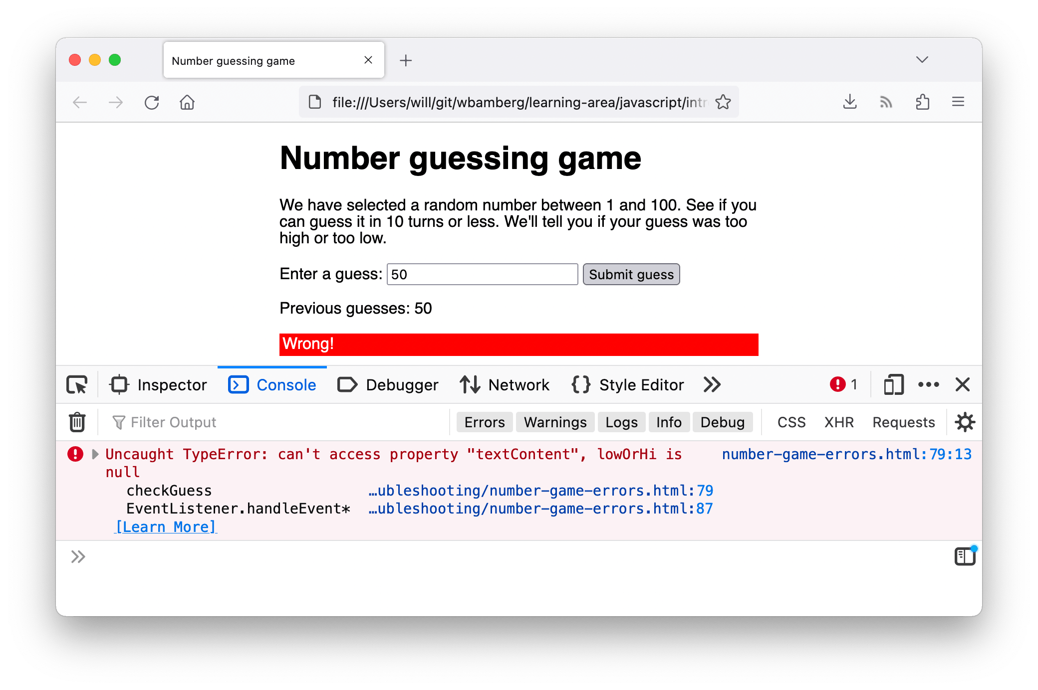 Screenshot der gleichen "Number guessing game" Demo. Diesmal ist ein anderer Fehler in der Konsole sichtbar, der "X TypeError: lowOrHi is null" liest.