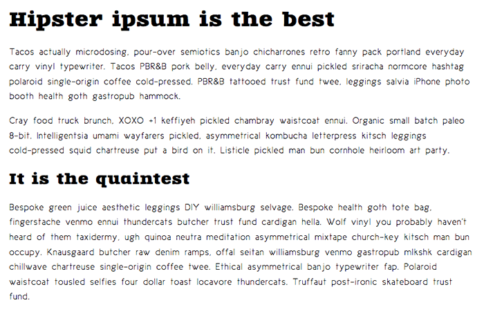 Das fertige Design einer Webfont-Übung zum aktiven Lernen. Die Seite enthält zwei Überschriften und drei Absätze. Die Seite enthält unterschiedliche Schriftarten und Text in unterschiedlichen Größen.