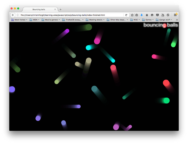 Screenshot einer Webseite mit dem Titel "Bouncing balls". 23 Bälle in verschiedenen Pastellfarben und Größen sind auf einem schwarzen Bildschirm sichtbar, mit langen Spuren hinter ihnen, die Bewegung anzeigen.