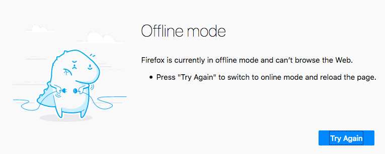 Firefox Offline-Bildschirm mit einer Illustration eines Cartoon-Charakters auf der linken Seite, der einen zwei-Pin-Stecker in seiner rechten Hand und eine zwei-Pin-Buchse in seiner linken Hand hält. Auf der rechten Seite gibt es eine Offline-Modus-Meldung und einen Button mit der Bezeichnung 'Try again'.
