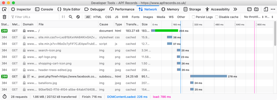 Firefox-Netzwerkmonitor zeigt eine Liste von geladenen Assets sowie die Ladezeit pro Asset