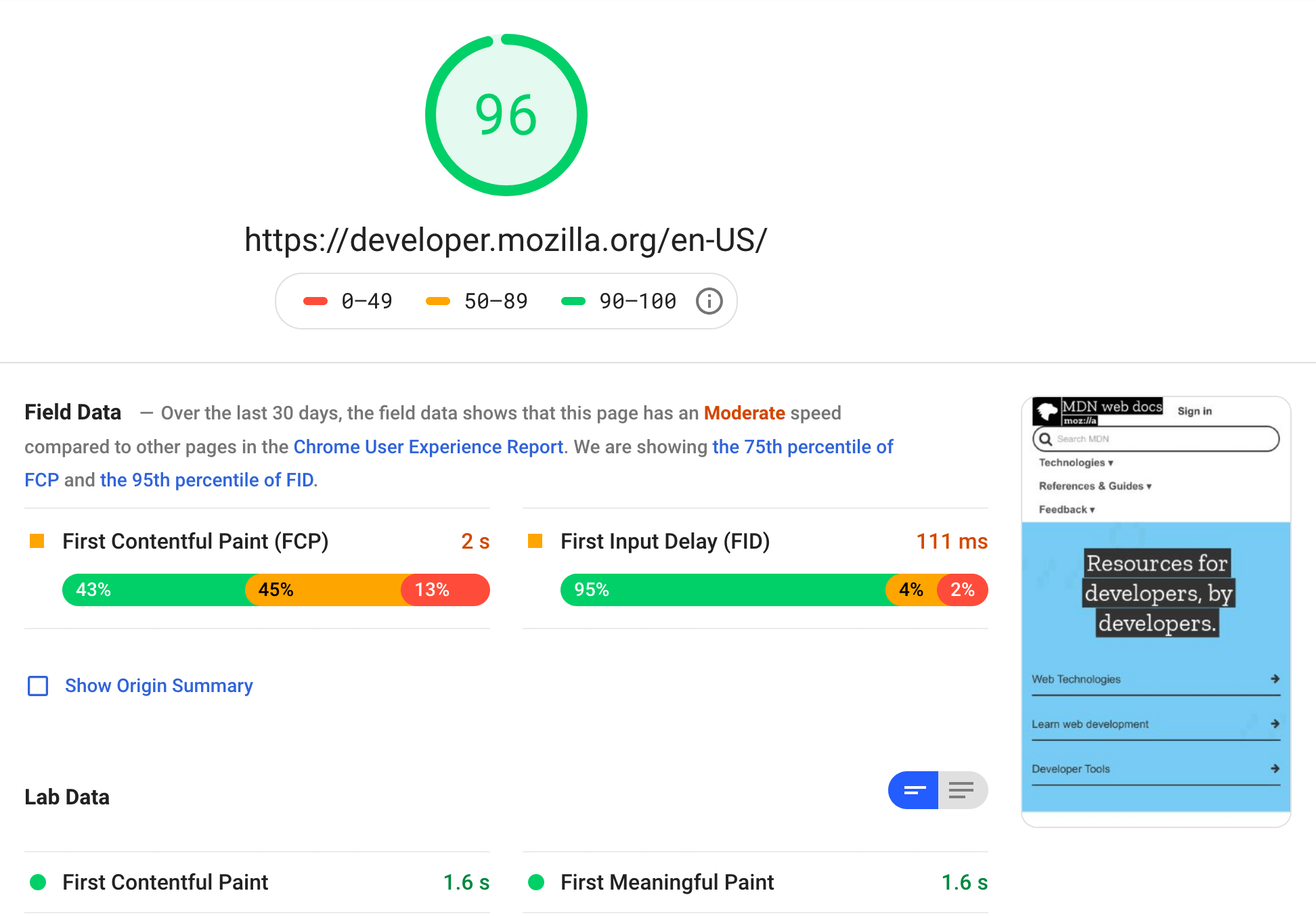 Ein Screenshot des PageSpeed Insights-Berichts für die Mozilla-Homepage.