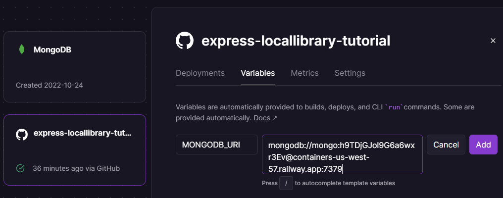 Railway-Website-Variablenbildschirm während der Hinzufügung der MONGODB_URI-Variable und Adresse