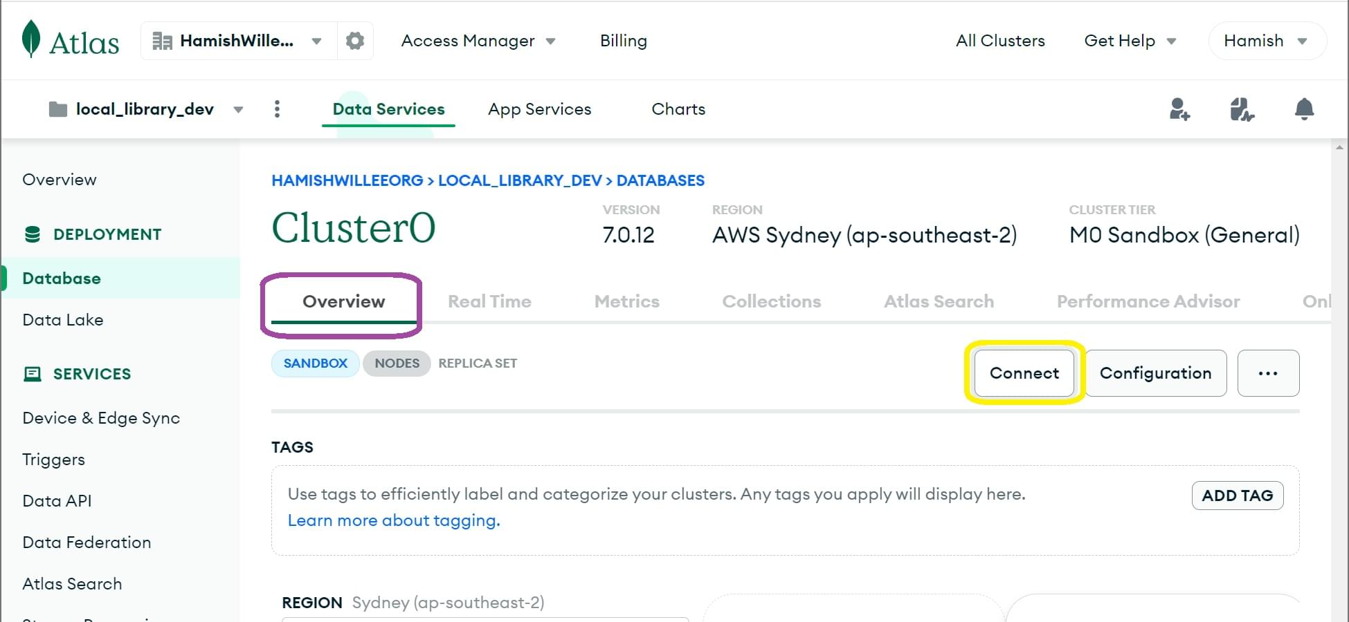 Verbindung konfigurieren, nachdem ein Cluster in MongoDB Atlas eingerichtet wurde.