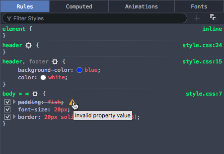 Die Entwicklerwerkzeuge streichen ungültiges CSS durch und fügen ein schwebendes Warnsymbol hinzu