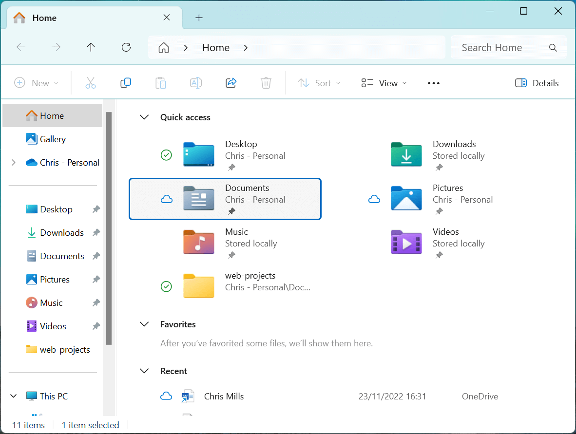 Die Windows Datei-Explorer-Anwendung, die den Inhalt eines typischen Home-Ordners zeigt