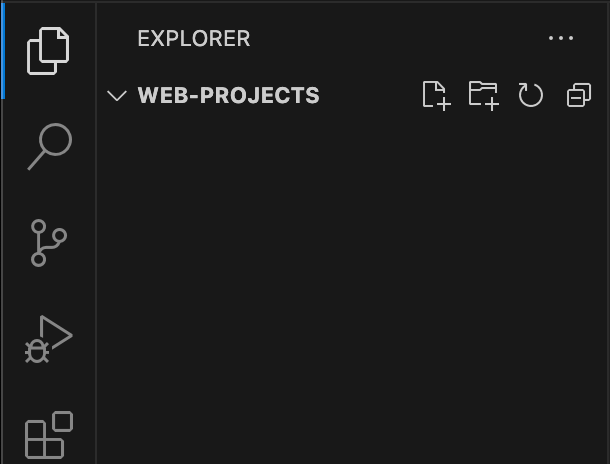 Das VS Code Explorer-Panel, das einen leeren Ordner namens web-projects zeigt