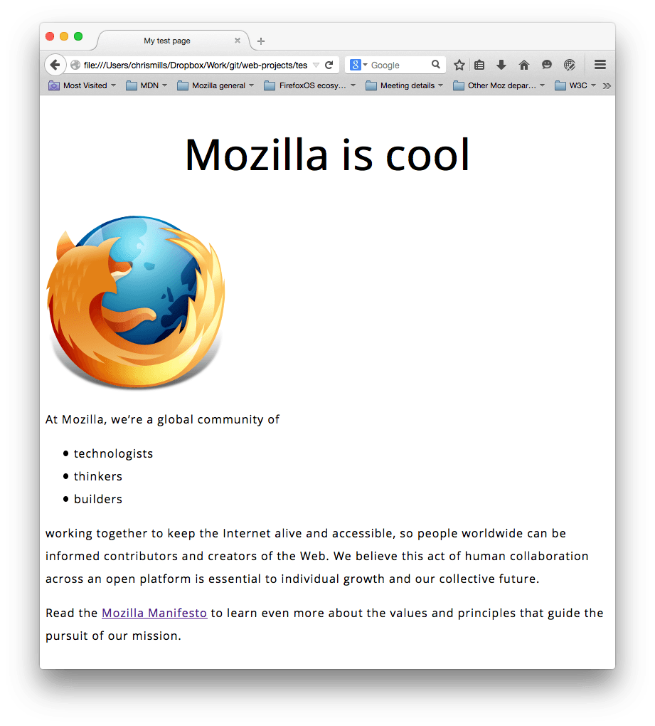 Ein Mozilla-Logo und einige Absätze. Eine serifenlose Schriftart wurde festgelegt, die Schriftgrößen, Zeilenhöhe und der Buchstabenabstand sind angepasst, und die Hauptseitenüberschrift wurde zentriert.