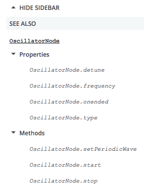 Dieser Screenshot zeigt ein vertikales Navigationsmenü für die OscillatorNode-Schnittstelle, mit mehreren Unterlisten für Methoden und Eigenschaften, wie es vom APIRef-Makro generiert wurde.