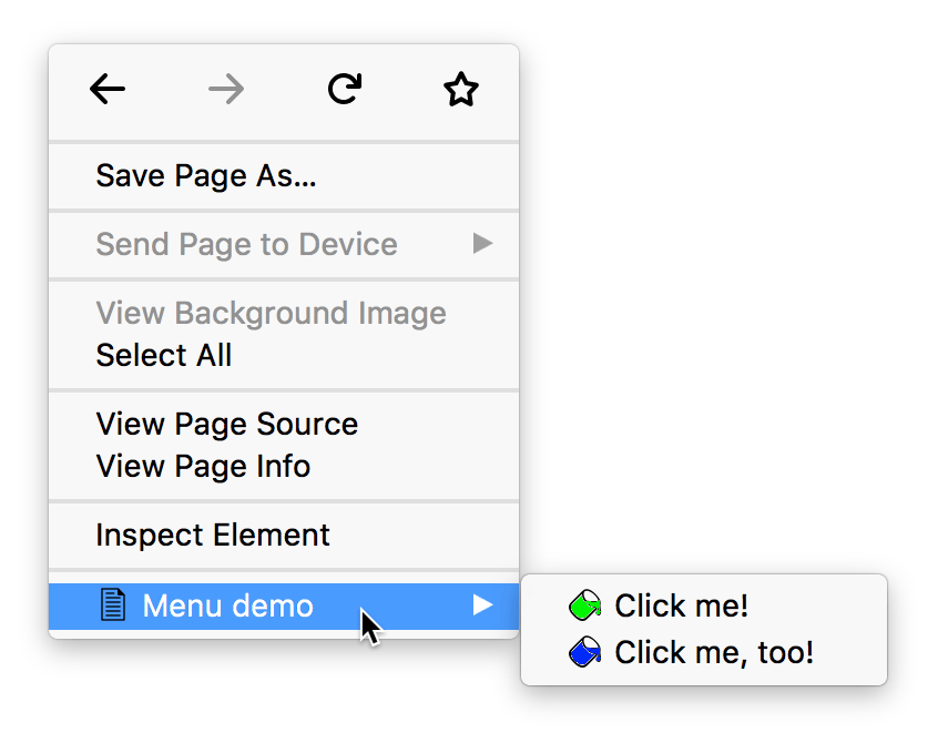 Kontextmenü mit zwei Elementen mit der Bezeichnung Click me und Click me too!. Die Option Click me ist mit einem grünen Farbdosensymbol gekennzeichnet. Die Option Click me too ist mit einem blauen Farbdosensymbol gekennzeichnet.