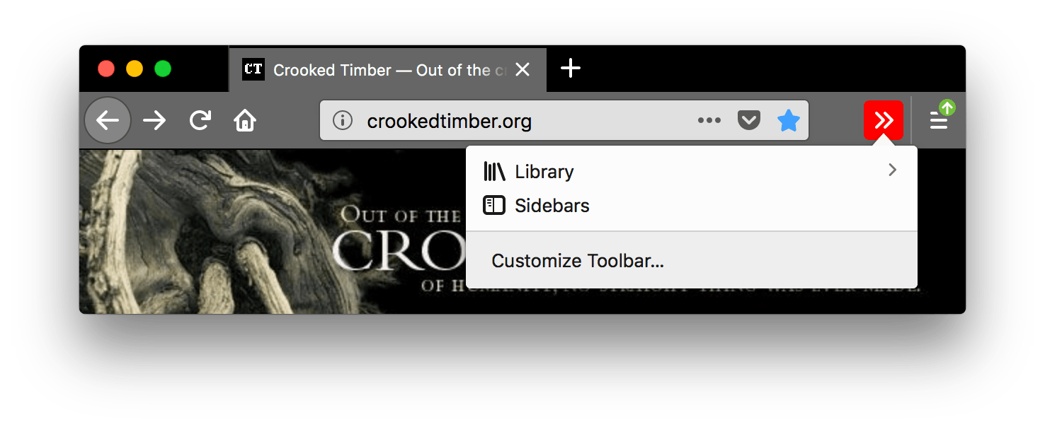 Der Browser Firefox ist schwarz. Die Registerkarten und die URL-Leiste des Browsers sind grau mit weißem Text. Das Symbol in der Symbolleiste anpassen in der URL-Leiste ist weiß mit einem roten Hintergrund und wird gedrückt. Es erscheint ein Popup mit einer kurzen Liste von Dingen, die zur Symbolleiste hinzugefügt werden können, wie z.B. die Bibliothek des Browsers und die Seitenleisten.