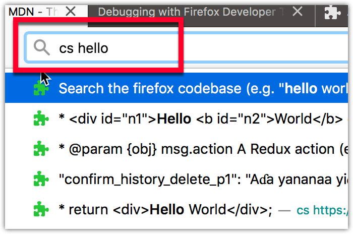 Beispiel, das das Ergebnis der Anpassung der Adressleisten-Vorschläge durch die firefox_code_search WebExtension zeigt.