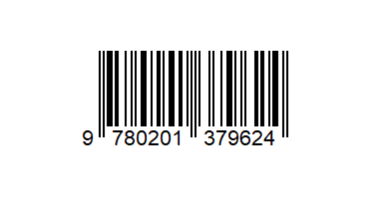 Ein Bild eines EAN-13 Barcodes. Eine horizontale Verteilung von weißen und schwarzen Linien