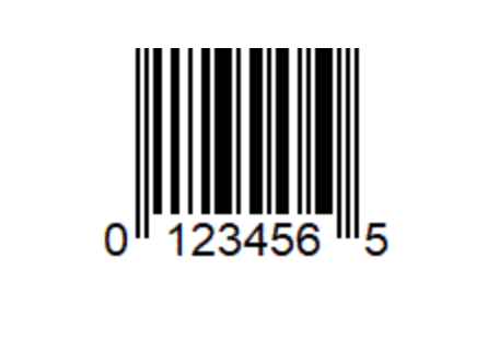 Ein Bild eines UPC-E Barcodes. Ein Rechteck aus schwarz-weißen vertikalen Linien