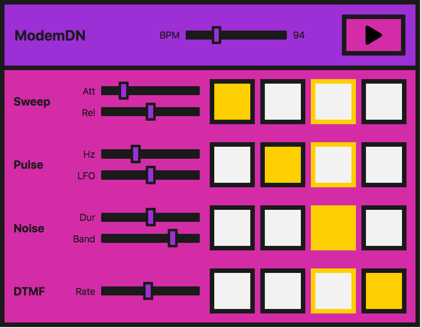 Eine Sound-Sequenzer-Anwendung mit Wiedergabe- und BPM-Mastersteuerungen sowie 4 verschiedenen Stimmen mit Steuerungen für jede.