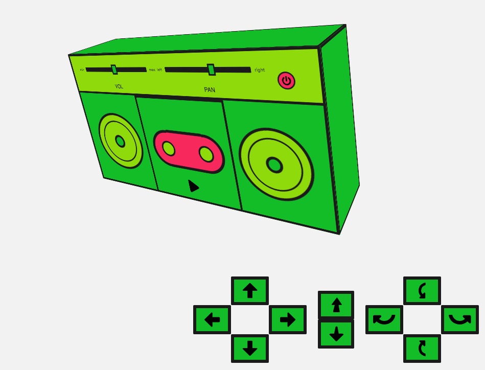 Eine einfache Benutzeroberfläche mit einer gedrehten Boombox und Steuerungen, um sie nach links und rechts, hinein und heraus zu bewegen und sie zu drehen.