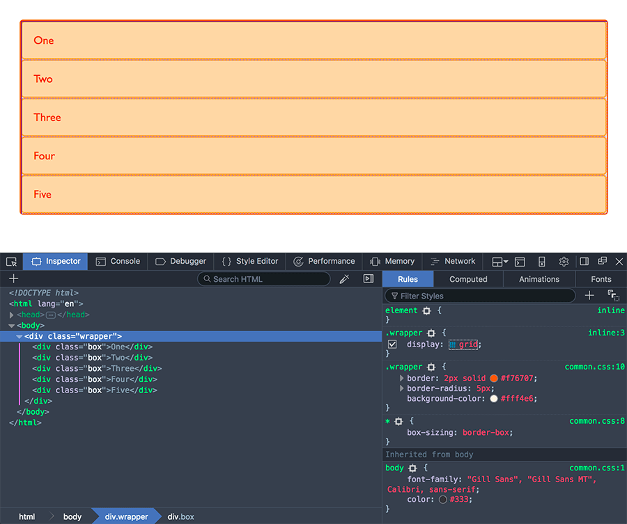 Verwendung des Grid-Highlighters in DevTools zur Anzeige eines Grids