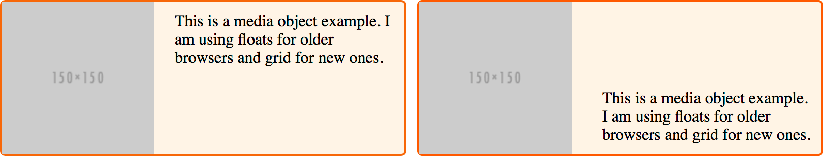 Ein einfaches Beispiel für das Überschreiben eines Float-Layouts mit Grid. Beide haben das Bild links ausgerichtet. Der Text ist im Float-Beispiel oben vertikal ausgerichtet und im Grid-Beispiel unten.