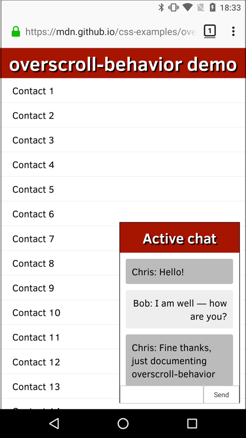 Ein Popup-Chatfenster mit dem Titel 'Aktiver Chat', das ein Gespräch zwischen Chris und Bob zeigt. Hinter dem Chatfenster befindet sich eine Kontaktliste mit dem Titel 'overscroll-behavior demo'.