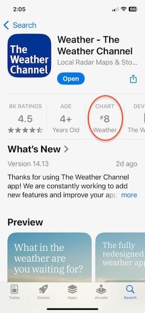 Weather-App-Übersicht im Apple App Store. CHART-Feld ist rot umkreist, um die Wetterkategorie zu zeigen